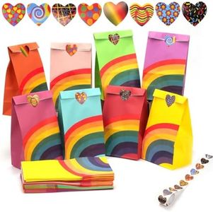 VANANA 48 Pcs Paper Party Gift Bags Rainbow Kraft Flat Bottom Treat Bags with 1 Roll of Heart Stickers for Party Favor Wrap Treat Goodie Storage Bags Bulk Lunch Grocery Bags