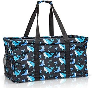 Lucazzi Extra Large Utility Tote Bag - Oversized Collapsible Reusable Wire Frame Rectangular Canvas Basket With Two Exterior Pockets For Beach, Pool, Laundry, Car Trunk, Storage - Whale