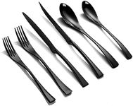 Lemeya 24-Piece Black Silverware Set with Steak Knives,Forged 18/10 Stainless Steel Cutlery Set for 4,Modern Heavy Duty Flatware Utensils Set,Fork Spoon and Knives Set, Mirror Polished,Dishwasher Safe