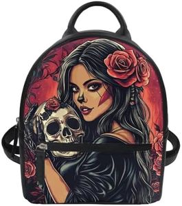 Freewander Fashion Mini Backpack for Women Small Backpack for College Work Casual Daypack PU Leather Shoulder Bag for Teen Girls Travel Rucksack, Witch Skull Rose Print