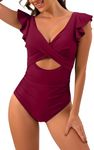 Vozobi Women's One Piece Swimsuit Ruffle Cutout Bathing Suits Slimming Tummy Control V Neck Wrap Swimwear Wine