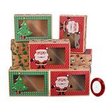 Christmas Cookie Boxes Doughnut Boxes Bakery Box with Clear Window,Green and Red Holiday Designs with Xmas Ribbons for on Holiday Party(Set of 12)