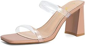 Athlefit Women's Square Open Toe Two Strap Heeled Sandals Slip On Chunky Block Clear Heels Shoes Size 11