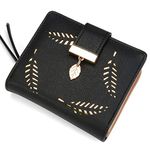 INOVERA (LABEL) Black Vegan Leather Women's Leaf Bi-fold Card Coin Holder Small Purse Clutch Wallet (KK23)