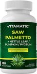 Vitamatic Saw Palmetto Extract for Men & Women 180 Veg Capsules - Made with Pumpkin Seed, Pygeum, Nettle Leaf - Made in The USA - Promotes Healthy Prostate Function