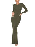 REORIA Women's Sexy Casual Crew Neck Lounge Slimming Long Dress Elegant Wedding Guest Long Sleeve Ribbed Bodycon Maxi Dresses Olive Green Small