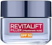 L’Oréal Paris Revitalift Filler Deep Replumping Anti-Ageing SPF50 Cream, UV Protection, Moisturising, Intensely Hydrates and Smooth Wrinkles with Macro, Micro and Micro-Epidermic Hyaluronic Acid, 50ml