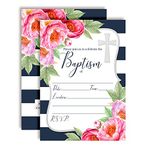 Watercolor Floral Peonies with Navy Stripe Baptism Invitations, 20 5"x7" Fill in Cards with 20 White Envelopes by AmandaCreation