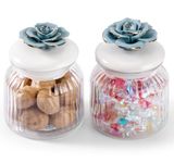 HomeyHoney Glass Jars with Airtight Ceramic Lids, Handcrafted Porcelain Rose, Glass Food Storage Canister for Kitchen, Decorative Jars for Coffee Tea Sugar Candy, Blue Rose, Set of 2