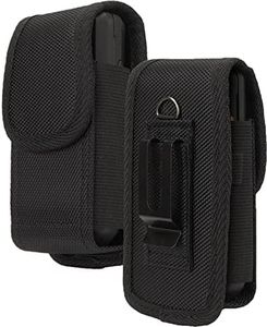Nakedcellphone Pouch for CAT S22 Flip Phone, Sonim XP3 Plus (XP3900) Case, Black Rugged Canvas Vertical Holster Holder Metal Clip and Secure Belt Thread Loop Harness - Quiet Magnetic Closure