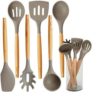 Juvale 7-Piece Silicone and Bamboo Kitchen Utensils Set with Holder for Cooking, Virtually Non-Stick w/Ladle, Slotted Turner & Spoon, Serving Spoon, Pasta Server, Spatula, Scratch-Resistant