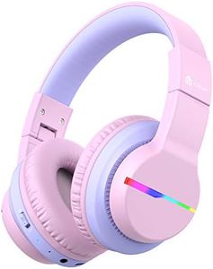 iClever BTH12 Kids Headphones, Colorful LED Lights Kids Bluetooth Headphones with 74/85/94dB Volume Limited Over Ear, 55H Playtime, Bluetooth 5.2, Built-in Mic for School/Tablet/PC/Airplane, Pink