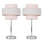 Pair of - Modern Polished Chrome Touch Bedside Table Lamps with a Pink & Grey Herringbone Shade