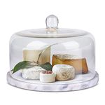 Flexzion Marble Cheese Holder Cake Stand with Lid Glass Cover, Cheese Dome, Cake Saver Serving Platter, Stone Cake Stand Cutting Board Slab for Kitchen, Dining Room Bakery Pastries Display, 8.7 Inches