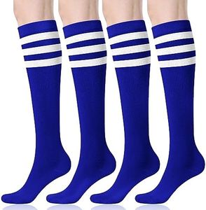 FITRELL Women's Knee High Socks Athletic Socks Stripe Tube Outdoor Sport Socks 4 Pairs, Royal Blue