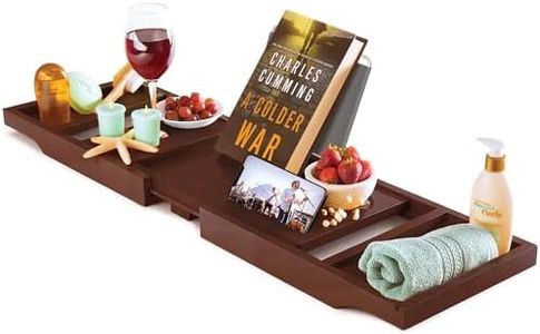 Foldable Bathtub Tray - Expandable Bamboo Bath Caddy with Wine, Book & Tablet Holder - Luxurious Bath Accessories, Perfect Spa Experience - Unique Gifts for Mom, Women, Couples, Housewarming (Brown)