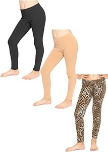 STRETCH IS COMFORT Girl's Cotton Footless Leggings 3 Pack Black Beige Brown-Cheetah Small