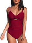 CUPSHE One Piece Swimsuit for Women Bathing Suits Twist Front Cutout Adjustable Straps Ruched Swimwear, Cherry-red, Small