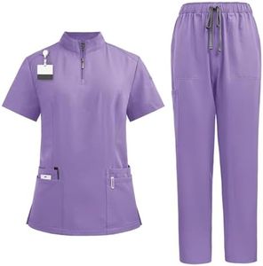 Scrubs for Women Set Casual Solid Medical Uniform Stretch V-Neck Scrub Top & Jogger Pant with Pockets Purple L