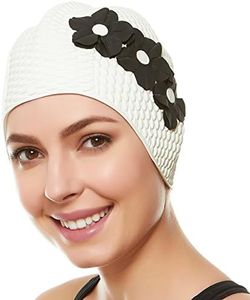 Beemo Latex Swimming Cap for Women, Swim Cap for Long Hair or Short Hair, Bath & Swim Caps to Shield Hair from Damage, Use as Large Shower Cap, White Swimming Cap with Black Flowers