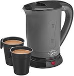 Quest Black Travel Kettle with 2 Cups | Portable & Lightweight | Dual Voltage for Worldwide Use | Safety Protection | Use in Carvans, Camp Sites and on Holiday