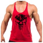 Crown Designs Skull Gym Bodybuilding Weight-Training Sports Stringer Vest Top with Y Back Racerback Fit for Men & Teens - Red with Black Design/Large