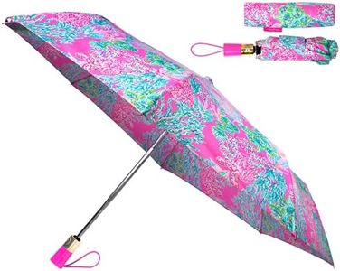 Lilly Pulitzer Travel Umbrella Compact, Cute Umbrella with Automatic Open and Storage Sleeve, Folding Umbrella for Rain or Sun Protection, Seaing Things