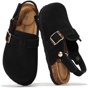 Project Cloud Clogs for Kids - Genuine Leather Kids Clogs with Cork Footbed Arch Support - Non-Slip Slippers & Sandals for Boys & Girls (BentonKids, BLKSDE, 4) Black Suede