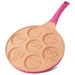 Joeji's Kitchen 7 Hole Pancake Pan 26cm - Smiley Faces Mold - Non Stick and Induction Suitable - Lightweight Cast Aluminium - Mini Pancakes - Fun Activity for Kids Breakfast - Pink