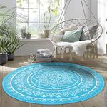 Vaukki Reversible Boho Round Rugs, Plastic Straw Outdoor Mat, Outdoor Patio Mat, Lightweight Mandala Area Carpet for Patio, Deck, Camping, Beach, Dining Room, Backyard and Picnic (Teal, 5 Ft)