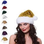 Aisszhao Sequin Gold Christmas Hat Santa Hat for Adult,Shiny Sequin Plush Santa Claus Hat,Unisex Velvet Father Christmas Hat Costume,Kids Christmas Party Hat Cap for Christmas New Year Festive Gift