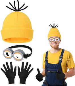 3PCS Accesorios de Disfraces Halloween Adultos Niños, Gafas Steampunk Gorro Amarillo Guantes Negros, Gafas Disfraz Accesorio de Disfraz Gracioso Hombre Mujer para Fiesta de Halloween Carnaval Cosplay