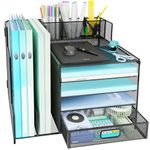 Desk Organizer with File Holder, 5-Tier Letter Paper Tray Organizer with Drawer & Top Pen Holders, Desk Organizers and Accessories, Mesh Desktop File Organizer and Storage for Office Supplies (Black)