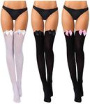 3 Pairs Women Thigh High Socks with Bow Knee Thigh Highs Stockings for Women Girls Dress Daily Summer Favors, Black With Black Bow, Black With Pink Bow, White With White Bow, Medium