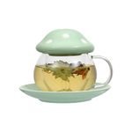 Mushroom Cup Glass Tea Cup with Lid Tray Strainer Filter Infuser for Loose Leaf Tea Cute Tea Mug in Color Printing Gift Box 11oz (Green)