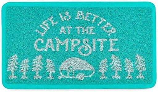 Camco Life is Better at The Campsite Scrub Rug | Ideal for Homes, Outdoors, Under Pet Bowls and More | Easy to Clean | Teal/White, Small (53199)