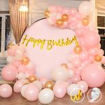 Flyloons Birthday Decoration for girls Gold Pink White Theme 65pcs kit with Glitter Golden Happy Birthday Banner, balloons, Arch Tape, Gold Ribbon