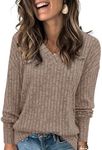 Heymiss Womens Sweatshirts V Neck Long Sleeve Shirts Loose Casual Fall Fashion Sweaters S-2XL, 05-khaki, Medium