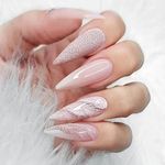 24 PCS Nude Almond Press on Nails Glossy Long Stiletto Fake Nails Silver Glitter False Nails Full Cover Design Nails Art for Women and Daily Decoration