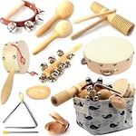 Wooden Musical Instruments Set,Percussion Instrument Kit for Children Baby,Rhythm Device for Preschool Education,Family Band Include Maracas,Tambourine,Castanet,Steel Triangle with Striker,Storage Bag