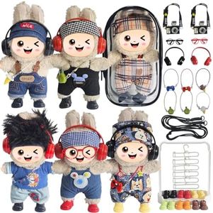 33 Pack Compatible for Labubu Clothes Outfits,Premium Labubu Accessories Case Shoes for 17cm Dolls,Labubu Birthday Party Decoration- Includes 6-Pack Doll Clothes Sets,Camera,Sunglasses (Cool, 17cm)