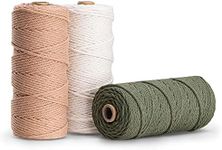 Navaris Macrame Cord 3mm x 109 Yards (Set of 3 Reels) - Rope Made of 100% Natural Cotton for Wall Hangings Plant Hangers - Pink, Olive, Off-White