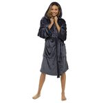 Womens Ladies Dressing Gown Shimmer Fleece Super Soft Plush Velvet Hooded Robe (Grey, 12-14)