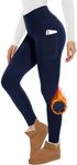 GAYHAY Fleece Lined Leggings Women with Pockets - Thermal High Waisted Winter Yoga Pants Warm Thick Leggings for Workout Navy Blue