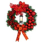 GloBrite 40cm Christmas Wreath Village with Bows, Baubles & Lantern | Christmas Wreaths for Front Door | Christmas Door Wreaths Home Decor Christmas Decorations Christmas Outdoor Decorations - Red