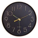 Topkey Black Wall Clock 12" Silent Non Ticking Arabic Numeral Clock Round Decorative Wall Clock for Living Room, Bedroom, Kitchen (Battery Not Included) Gold Numbers