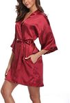 Women's Satin Kimono Robes Bridesmaid Wedding Robes Silky Bathrobes Summer Loungewear, Wine Red, Large