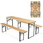 COSTWAY 3 Piece Folding Picnic Table and Bench Set, Wooden Portable Camping Trestle Table Chairs, Outdoor Dining Table Set Furniture for Patio, Backyard and Poolside