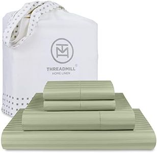 Threadmill Luxury Queen Sheets - 100% Pure Cotton 600 Thread Count, 4 Pc Stripe Damask Sage Green Bedding Set, Supreme ELS Combed Cotton Sheets with Elasticized Deep Pocket