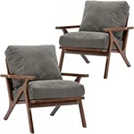 Wahson Set of 2 Mid Century Chair, Retro Upholstered Accent Armchairs, with Wood Frame and Removable Canvas Cushions, Large Leisure Slipper Chair for Living Room/Bedroom, Grey